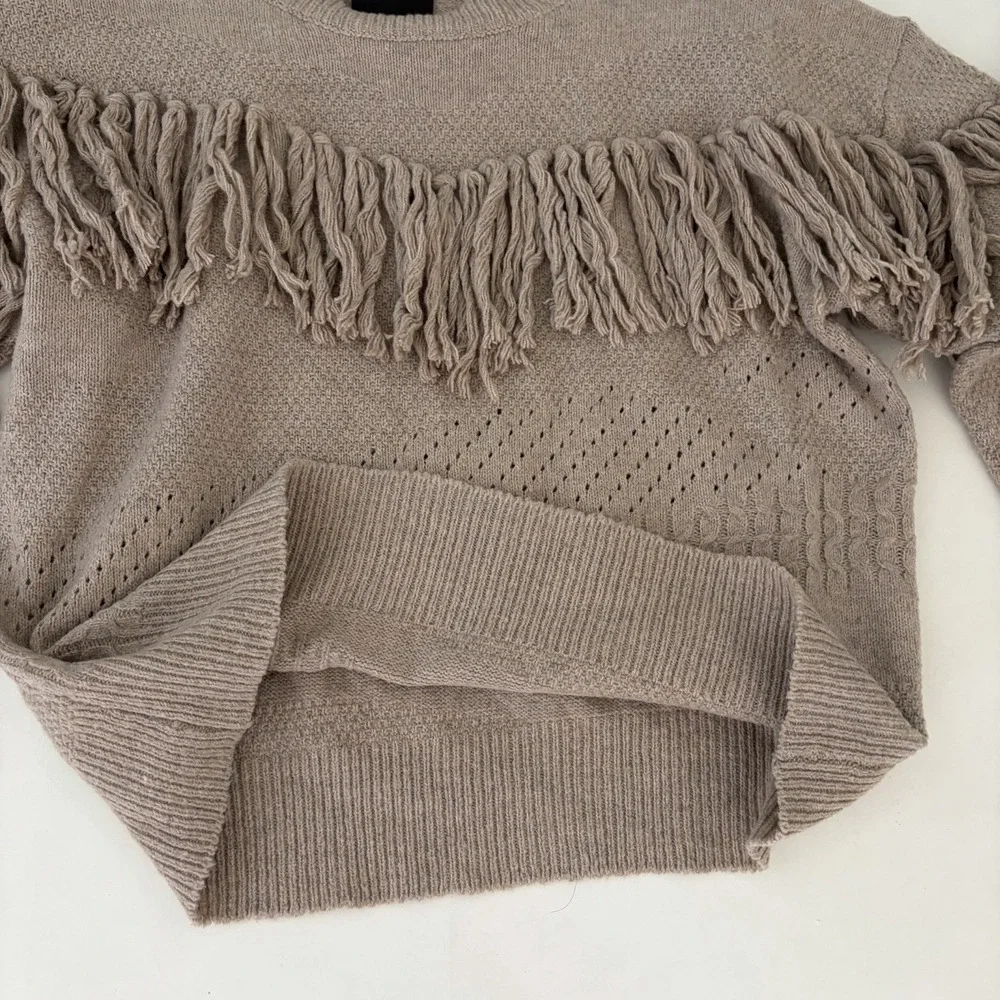 Knit Fringe Pullover Women Sweater S/M Beige Boho Festival Tassel Western Cowgir